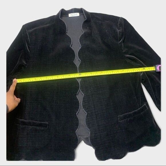 Vintage Accent Blazer Women's Large Scalloped Edge Black Velvet Hipster Jacket - Picture 5 of 9